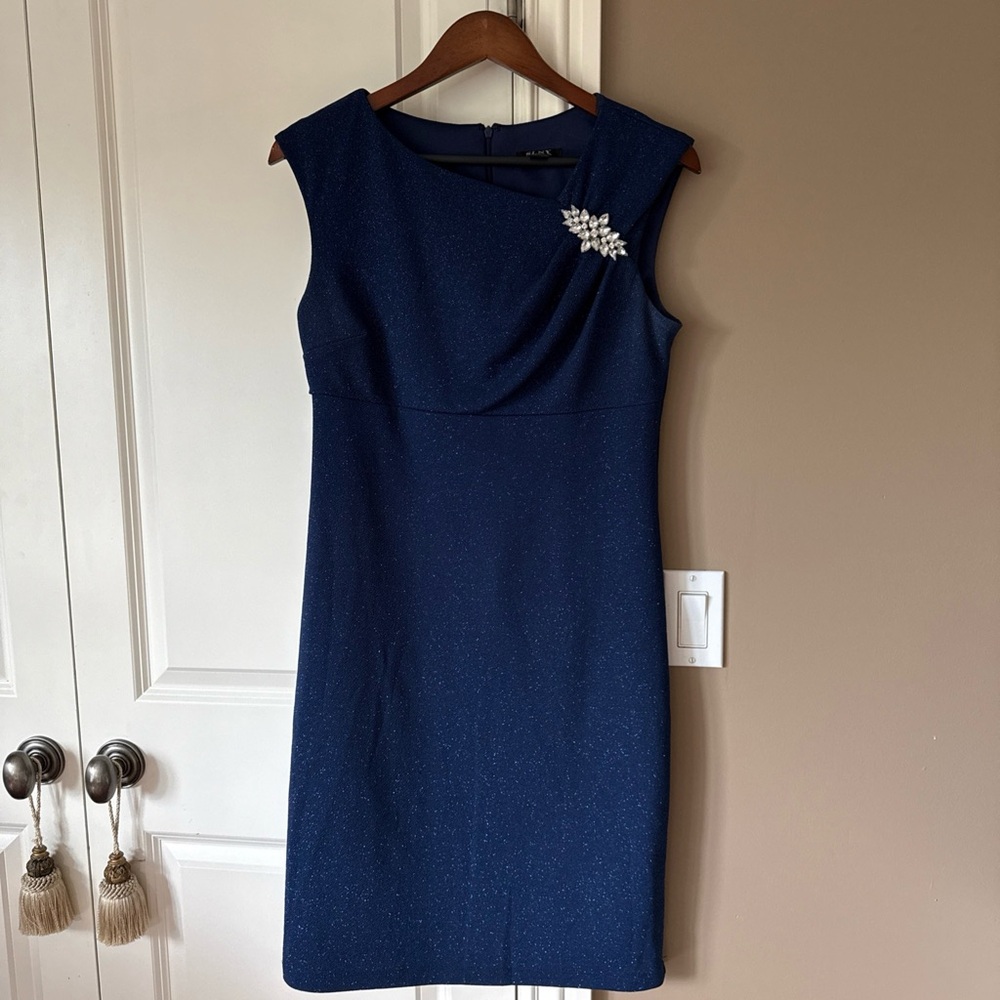 SLNY Navy Asymmetrical Dress with Embellishment